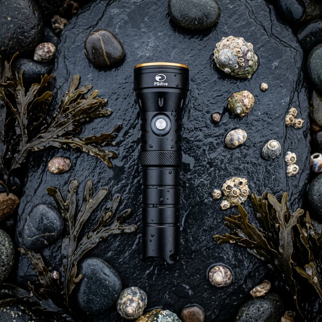 Flat lay de la linterna PS Dive SMALL 2000 con algas y piedras